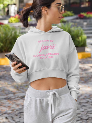 Image of Design By Javii Pink Iconic Apparel logo Crop Hoodie